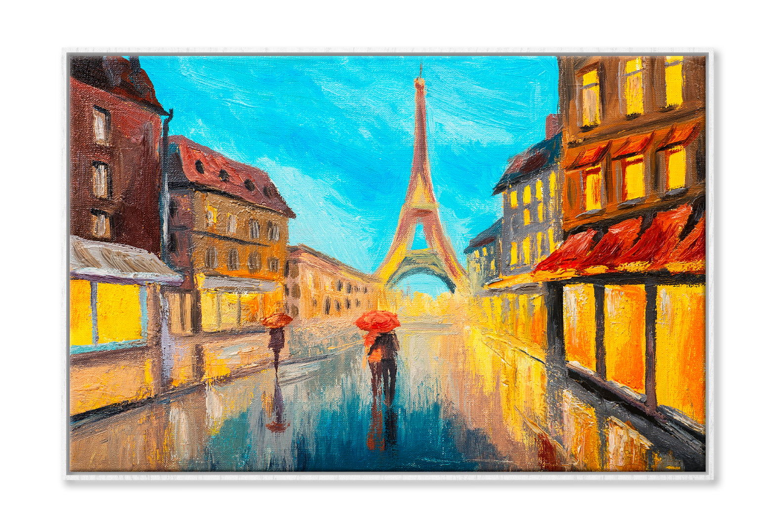 Eiffel Tower & Couple In A Street Oil Painting Wall Art Limited Edition High Quality Print Canvas Box Framed White