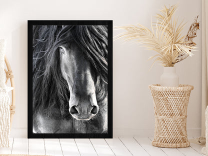 Black Horse Face Closeup Photograph Glass Framed Wall Art, Ready to Hang Quality Print Without White Border Black