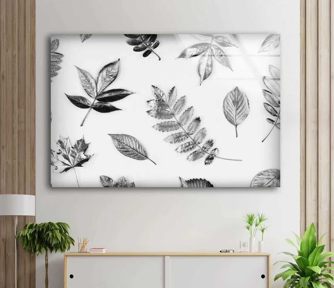B&W Leaves Pattern UV Direct Aluminum Print Australian Made Quality