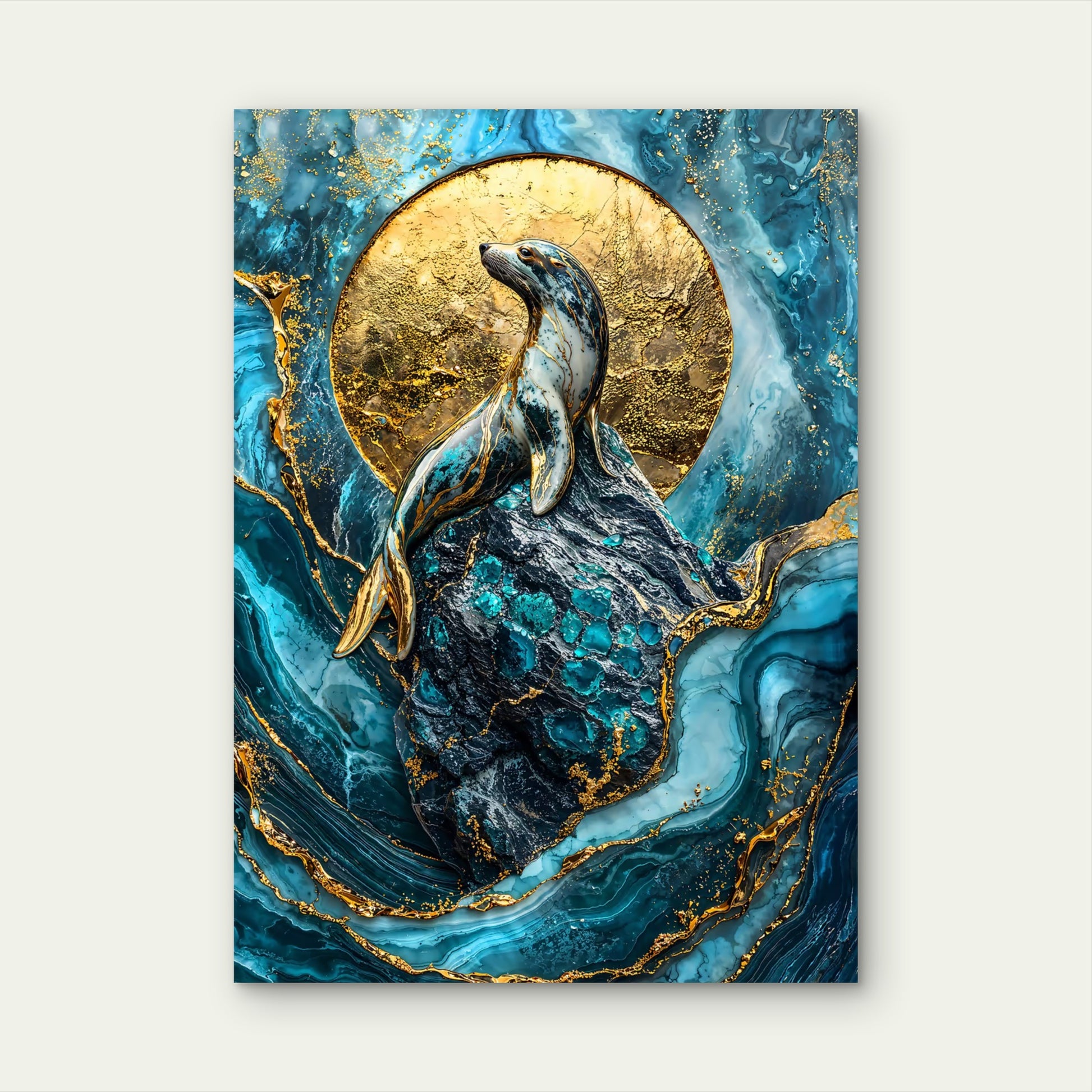 Gold Leaf and Teal Marble Seal 60x90cm Metal Print Ready to Hang - Bella Home Decor