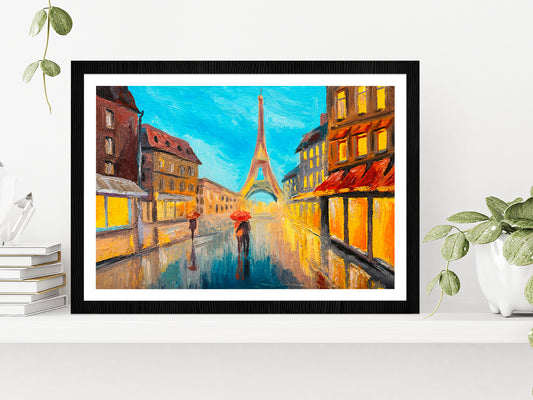 Eiffel Tower & Couple In A Street Glass Framed Wall Art, Ready to Hang Quality Print With White Border Black