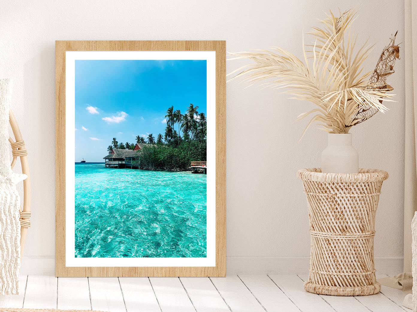 Indian Ocean & Villa Beach Photograph Glass Framed Wall Art, Ready to Hang Quality Print With White Border Oak