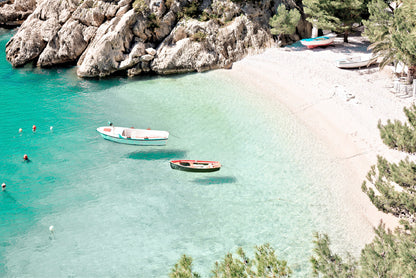 Boats on Sea & Rock Mountain Faded Photograph Glass Framed Wall Art, Ready to Hang Quality Print