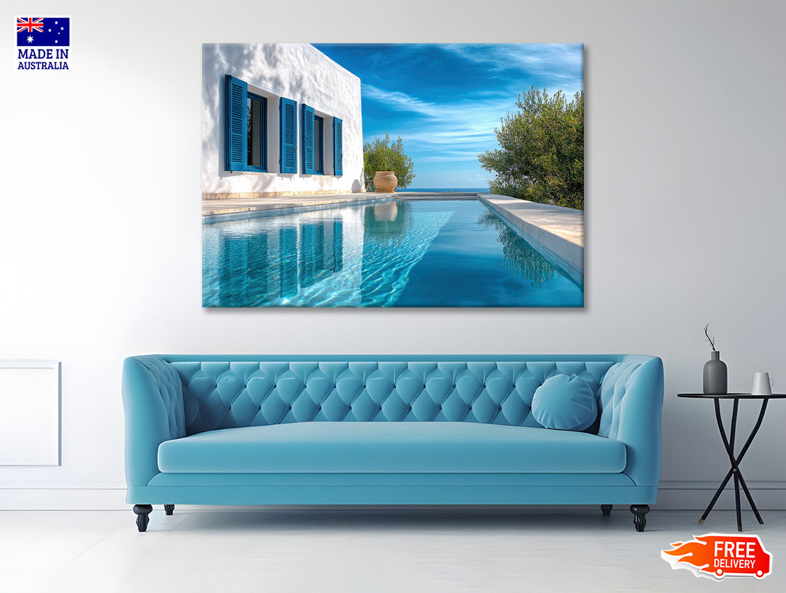Swimming Pool with a House, Trees, Sky Print 100% Australian Made - Bella Home Decor