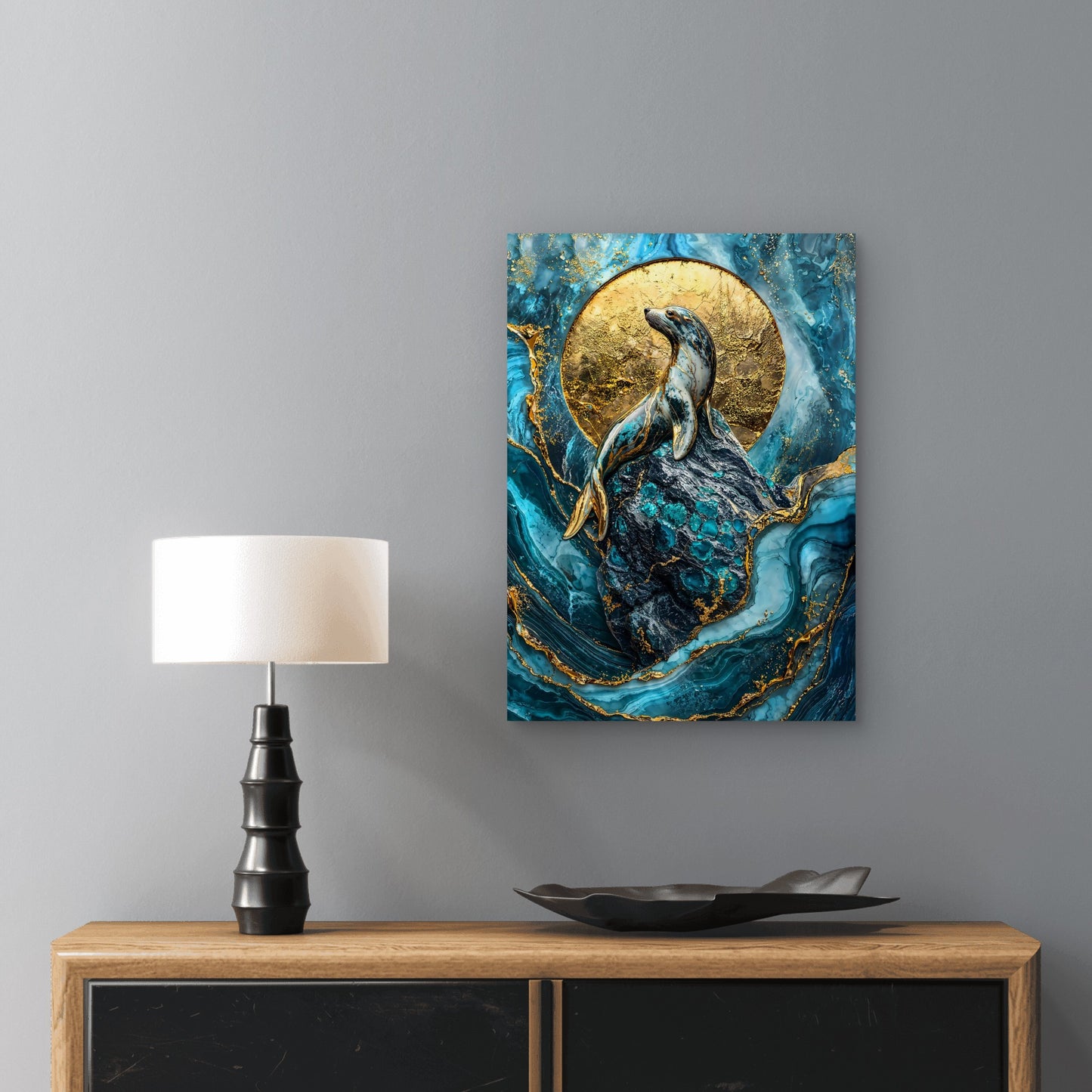 Gold Leaf and Teal Marble Seal 40x60cm Metal Print Ready to Hang - Bella Home Decor