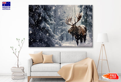 Moose In a Snow-Covered Forest Wall Art Decor 100% Australian Made