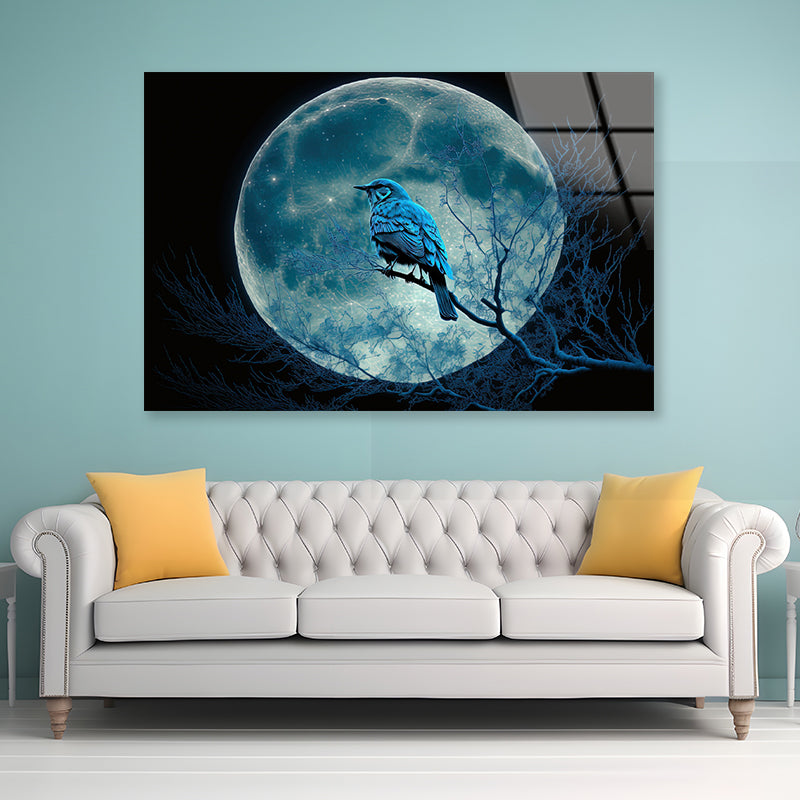Bird, the Moon, and a Blue Night Acrylic Glass Print Tempered Glass Wall Art 100% Made in Australia Ready to Hang - Bella Home Decor