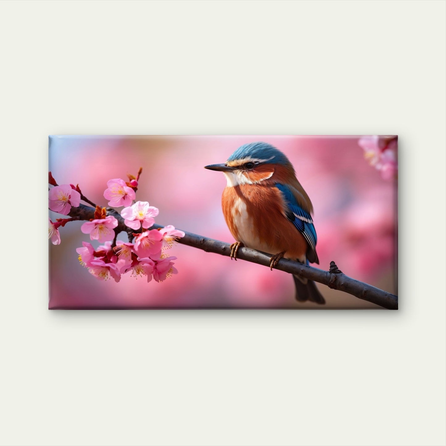 Songbird on Cherry Blossom Branch Wall Art Canvas Office Home Framed 120x60cm