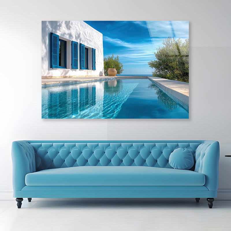 Swimming Pool with a House, Trees, Sky Acrylic Glass Print Tempered Glass Wall Art 100% Made in Australia Ready to Hang - Bella Home Decor