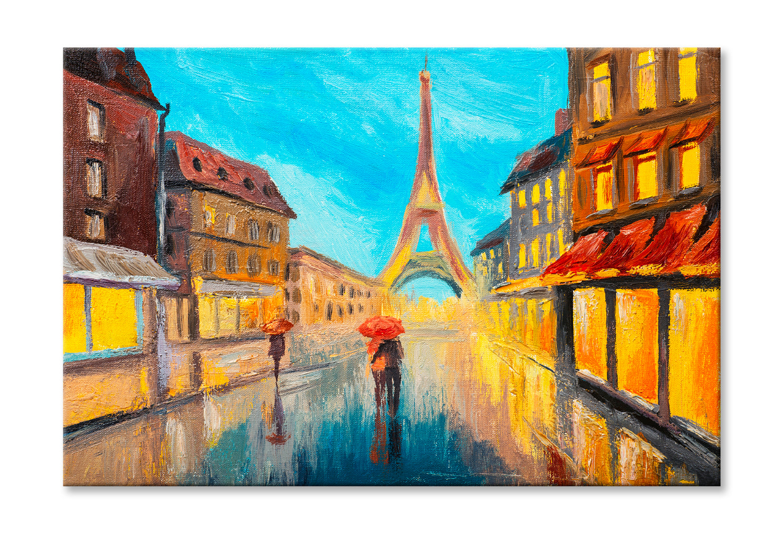 Eiffel Tower & Couple In A Street Oil Painting Wall Art Limited Edition High Quality Print Stretched Canvas None