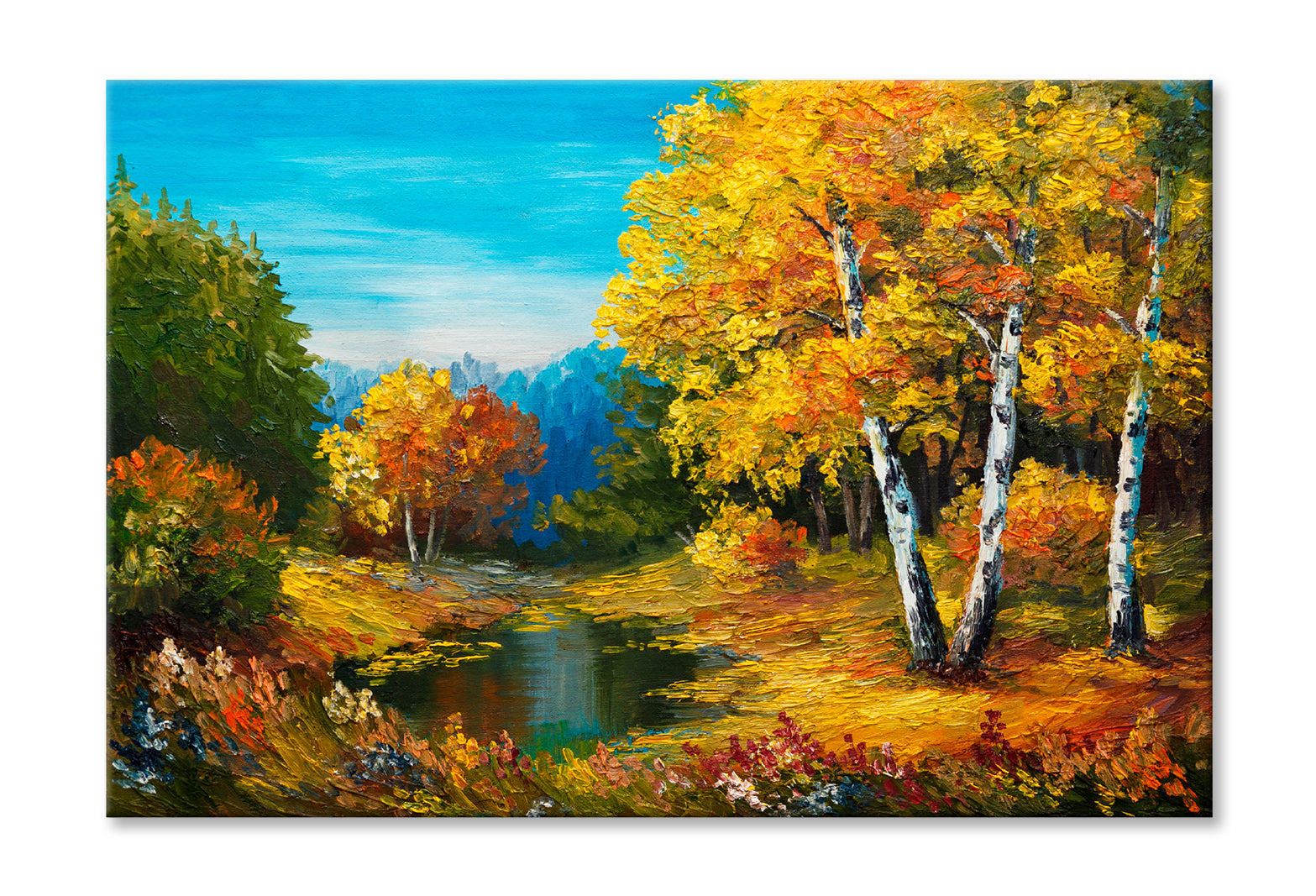 Autumn Forest With A Lake Painting Wall Art Limited Edition High Quality Print Stretched Canvas None