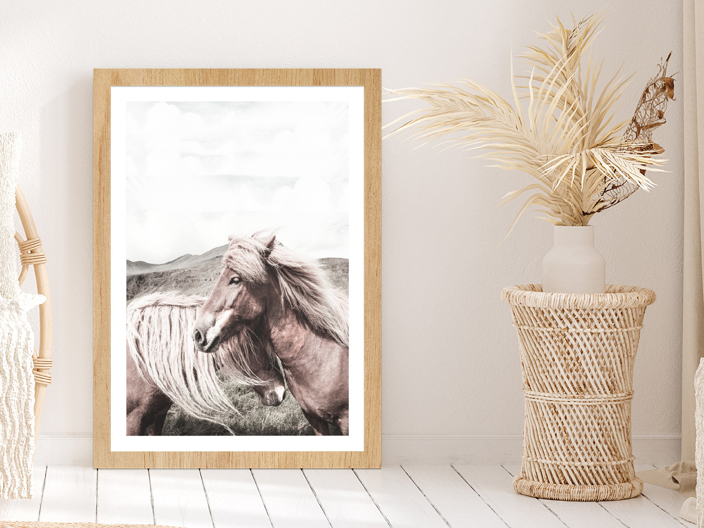 Faded Horse Closeup Side View Photograph Glass Framed Wall Art, Ready to Hang Quality Print With White Border Oak