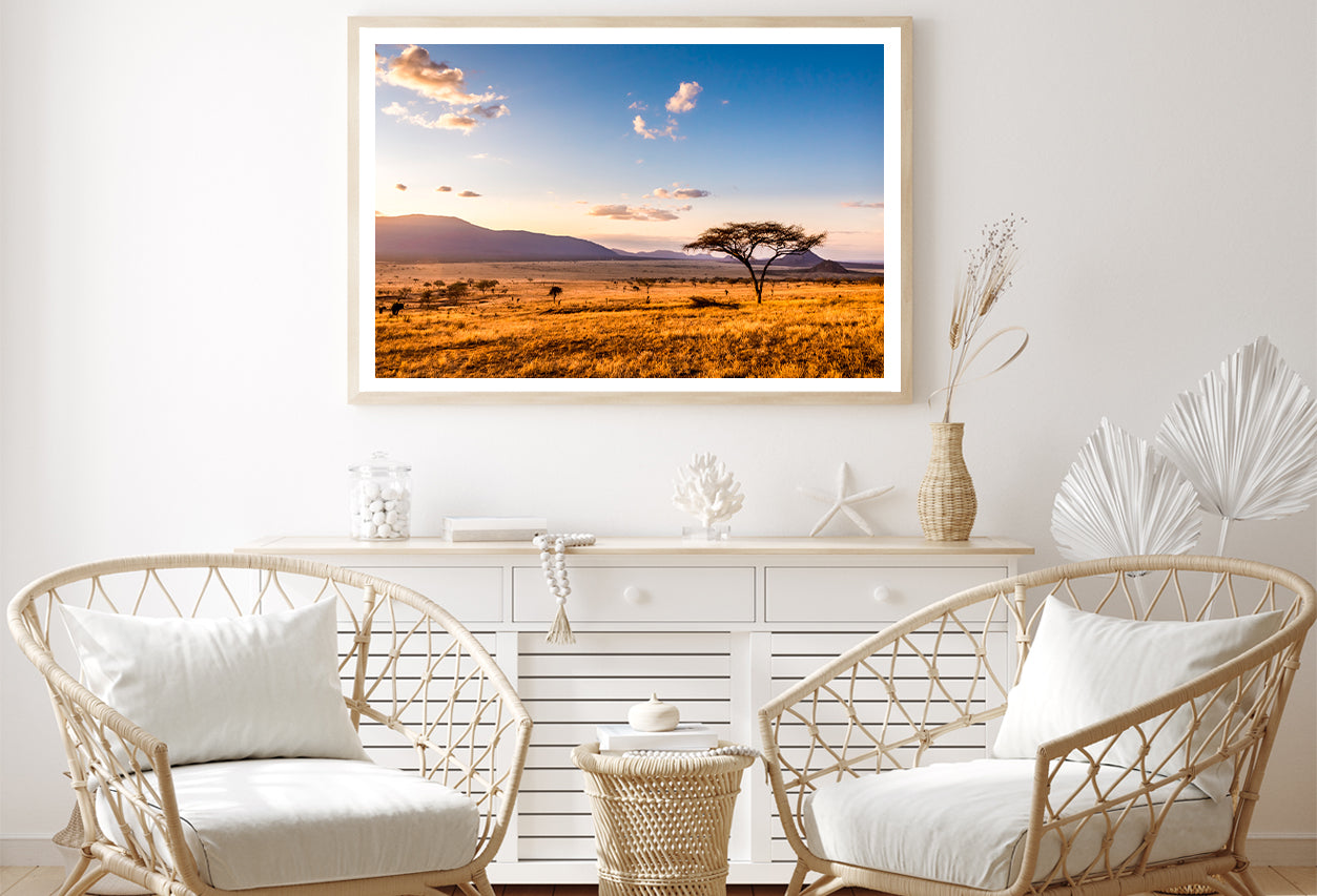 View of Sunset at Savannah Plains with Mountains Home Decor Premium Quality Poster Print Choose Your Sizes