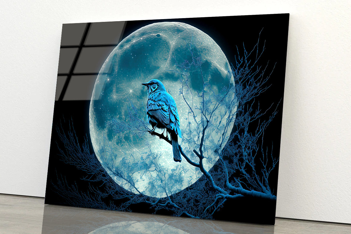 Bird, the Moon, and a Blue Night Acrylic Glass Print Tempered Glass Wall Art 100% Made in Australia Ready to Hang - Bella Home Decor