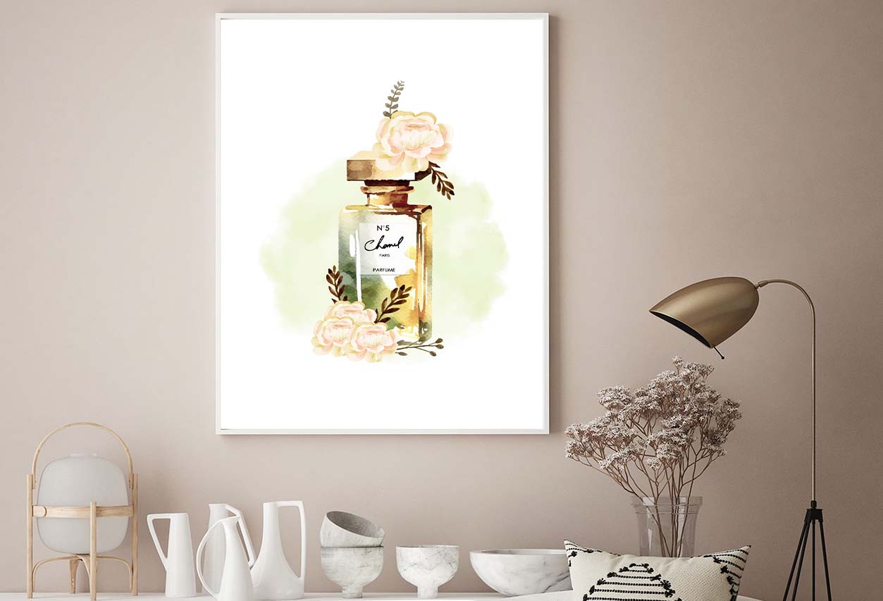 Green Gold Luxury Fashion Bottle with Flowers Design Home Decor Premium Quality Poster Print Choose Your Sizes