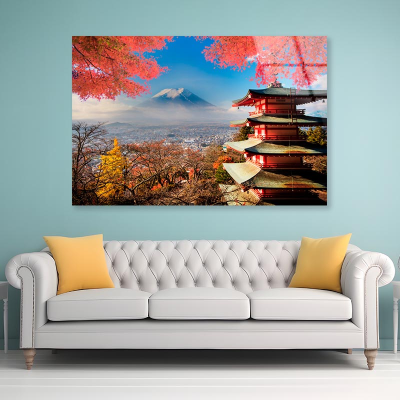 Mt. Fuji With Fall Colors in Japan Acrylic Glass Print Tempered Glass Wall Art 100% Made in Australia Ready to Hang - Bella Home Decor