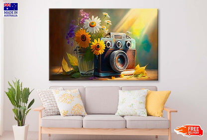 Camera with Fresh Flowers & Sun Wall Art Limited Edition High Quality Print