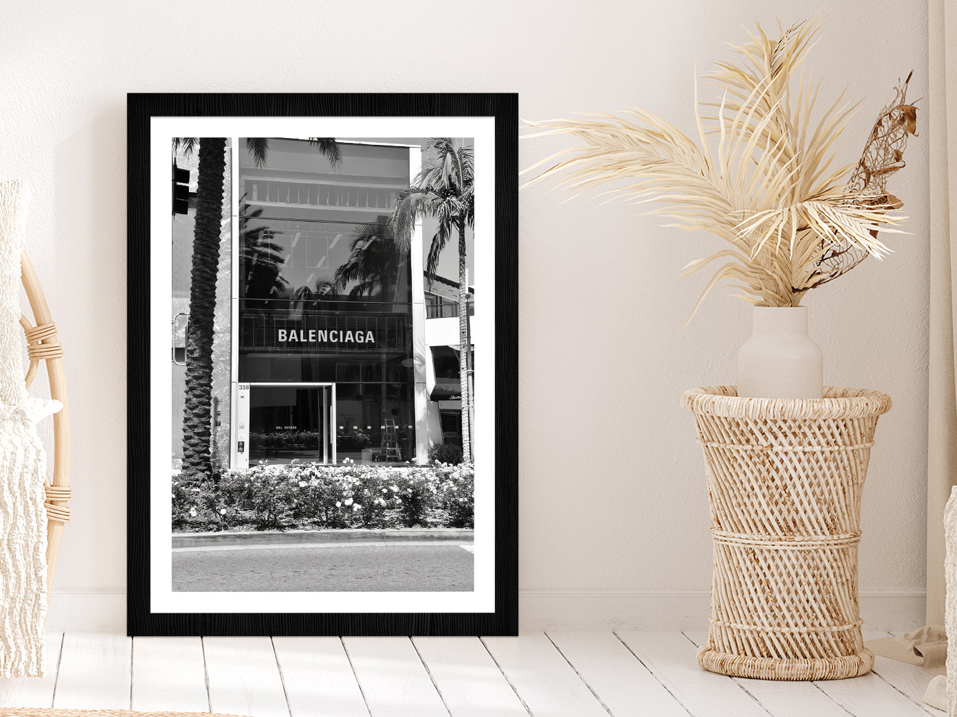 Palm Tree near Fashion Store B&W Photograph Glass Framed Wall Art, Ready to Hang Quality Print With White Border Black