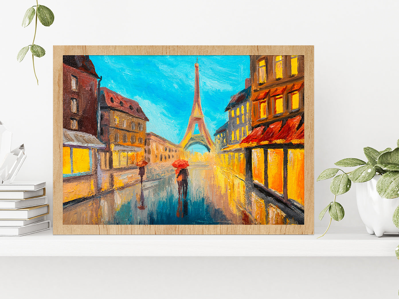 Eiffel Tower & Couple In A Street Glass Framed Wall Art, Ready to Hang Quality Print Without White Border Oak