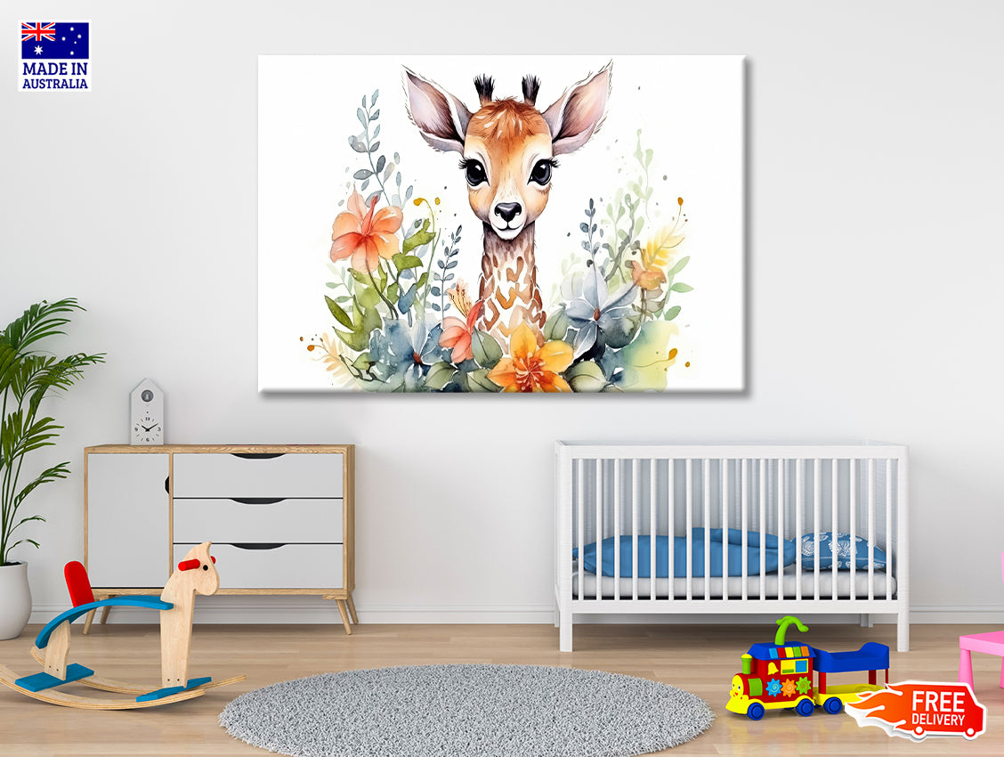 Baby Giraffe in Flower Blossom Garden Print 100% Australian Made - Bella Home Decor
