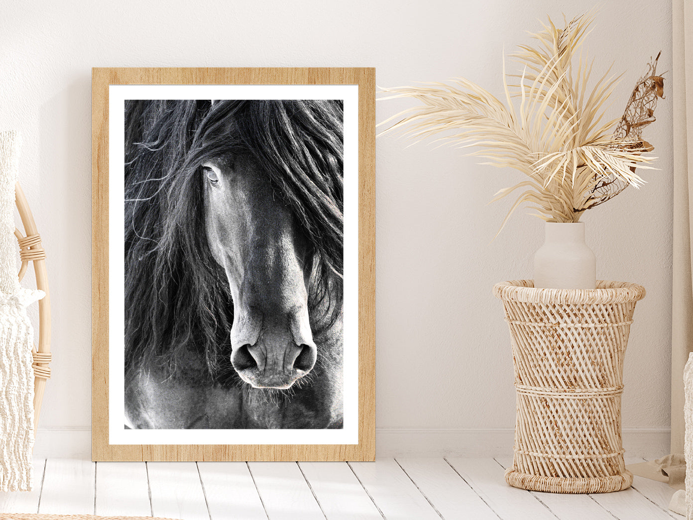 Black Horse Face Closeup Photograph Glass Framed Wall Art, Ready to Hang Quality Print With White Border Oak