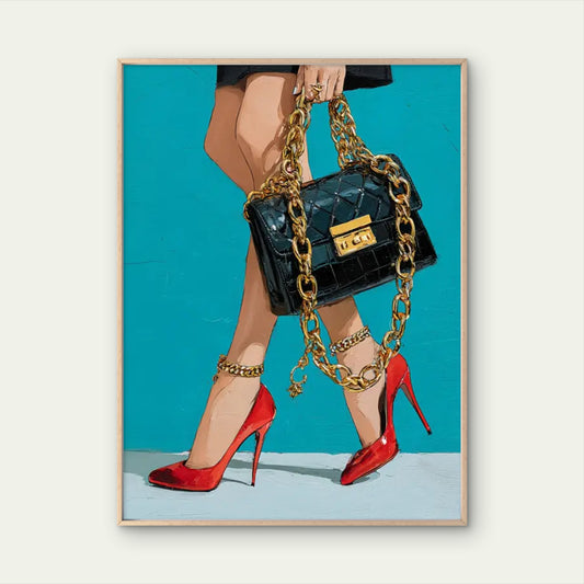 Women Red High Heels Golden Chain and Handbag Fashion Home Decor Premium Quality Poster Print Choose Your Sizes
