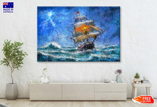 Pirate Ship Navigating During a Storm. Thunder, Rain Big Waves on the Ocean Wall Art Limited Edition High Quality Print