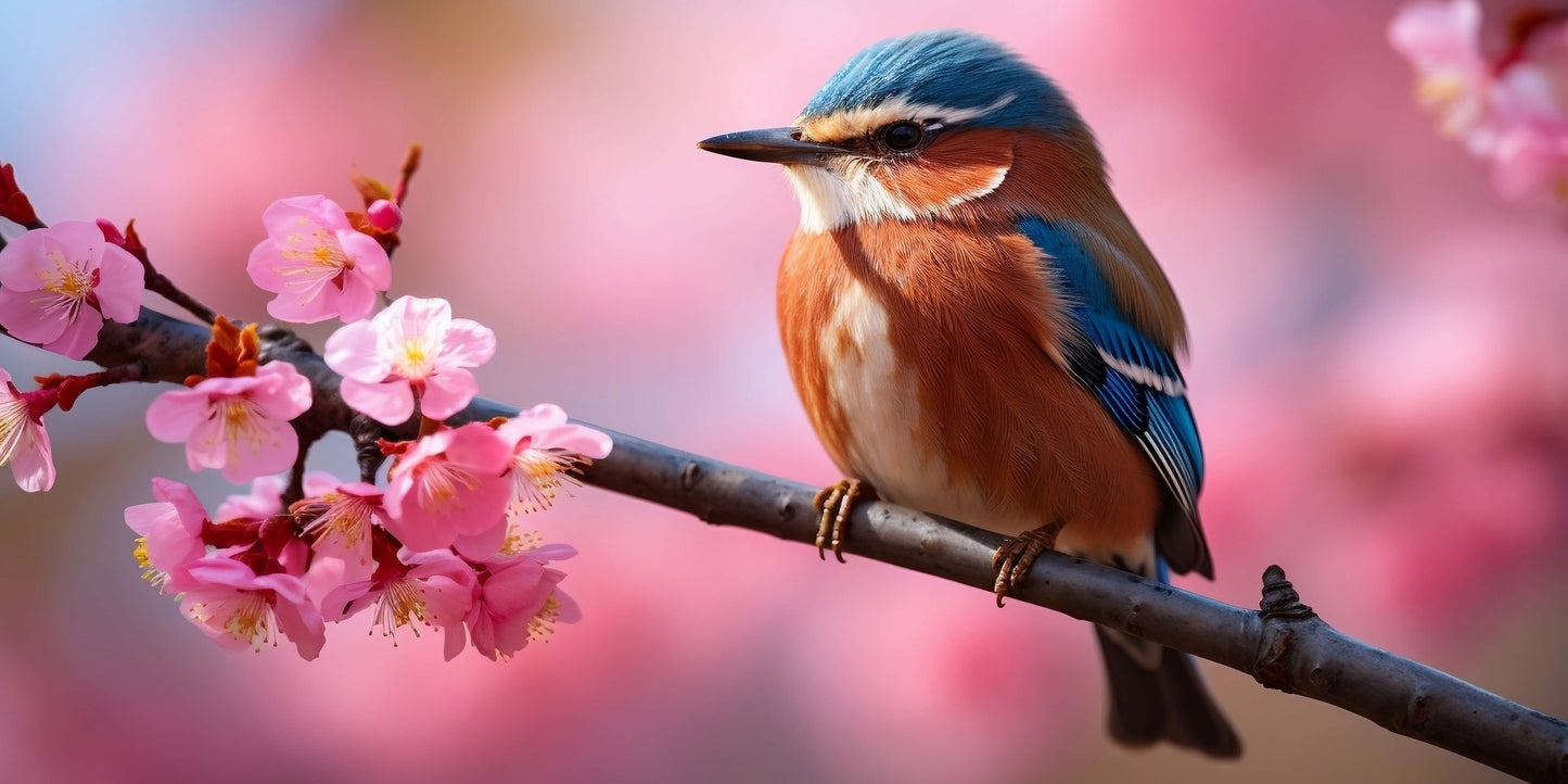 Songbird on Cherry Blossom Branch Wall Art Canvas Office Home Framed 120x60cm