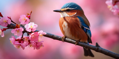 Songbird on Cherry Blossom Branch Wall Art Canvas Office Home Framed 120x60cm