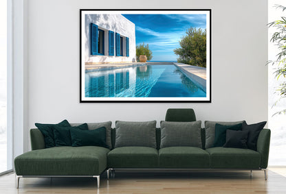 Swimming Pool with a House, Trees, Sky Home Decor Premium Quality Poster Print Choose Your Sizes