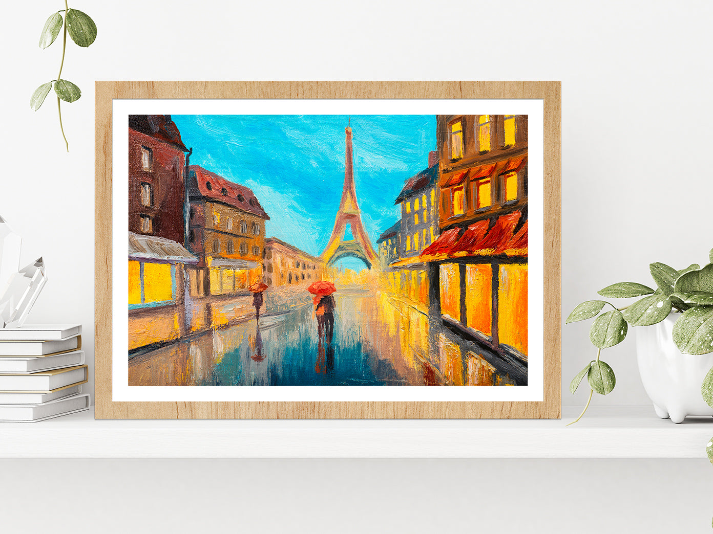 Eiffel Tower & Couple In A Street Glass Framed Wall Art, Ready to Hang Quality Print With White Border Oak