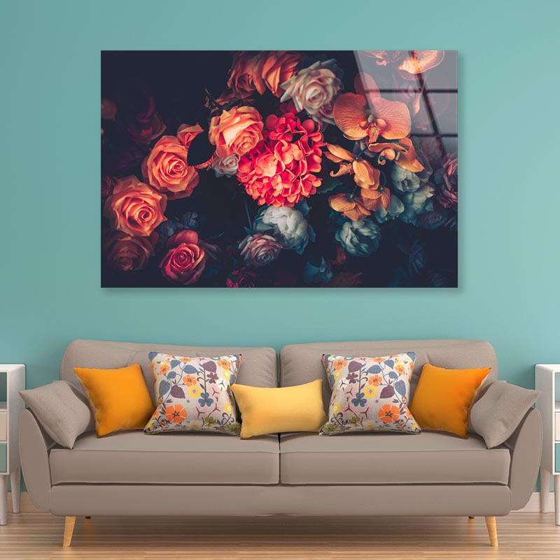 Artificial Flowers Wall for Background in Vintage Style Acrylic Glass Print Tempered Glass Wall Art 100% Made in Australia Ready to Hang - Bella Home Decor
