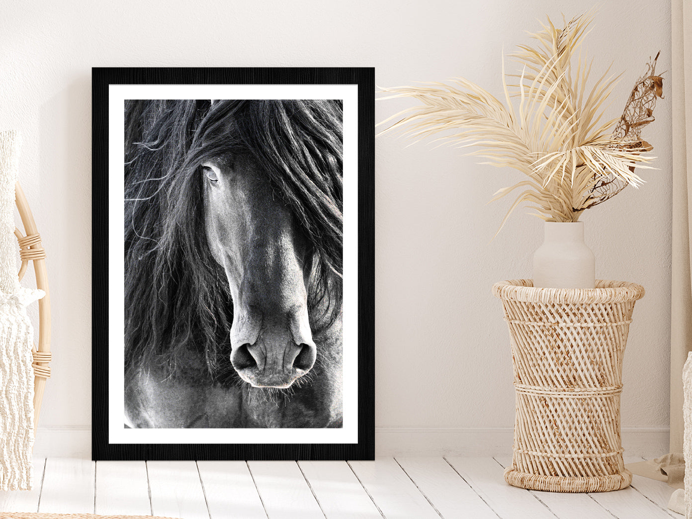 Black Horse Face Closeup Photograph Glass Framed Wall Art, Ready to Hang Quality Print With White Border Black