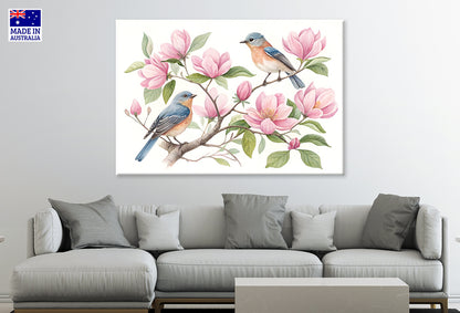 Watercolor Spring Birds and Pink Magnolia Flowers Wall Art Decor 100% Australian Made