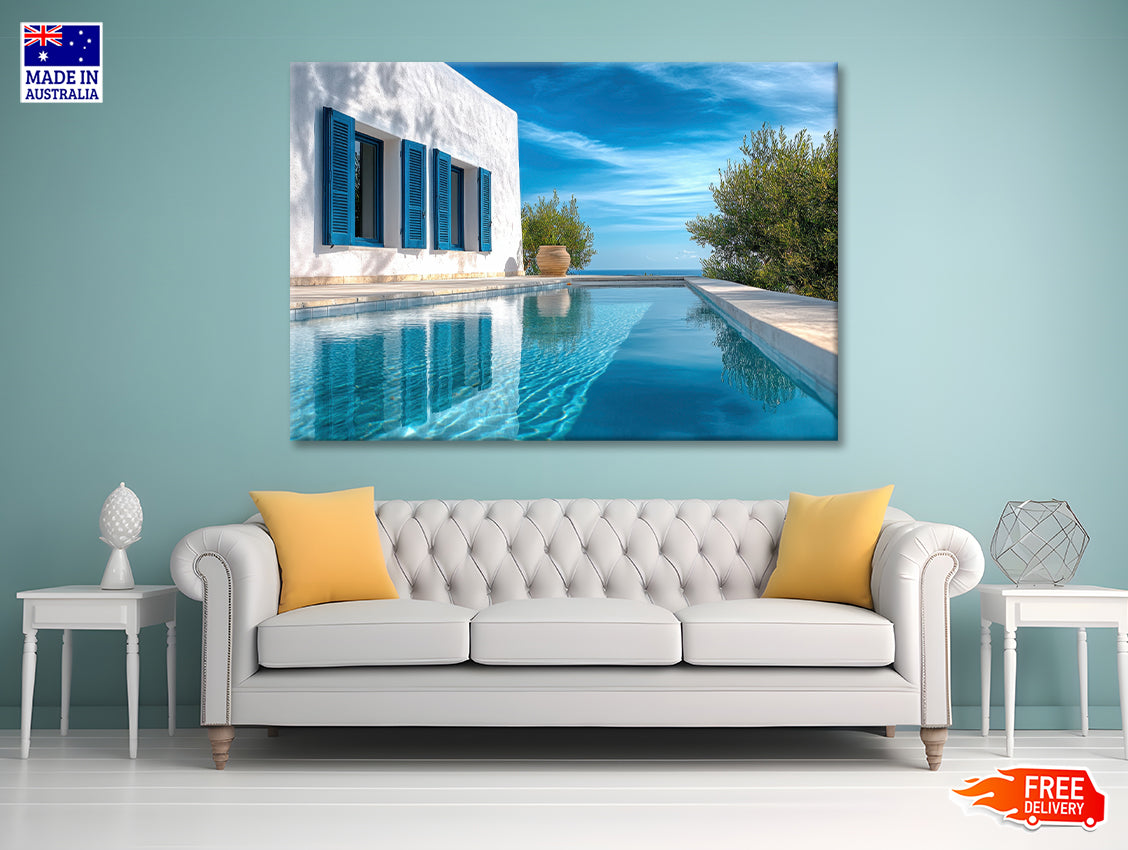 Swimming Pool with a House, Trees, Sky Print 100% Australian Made - Bella Home Decor