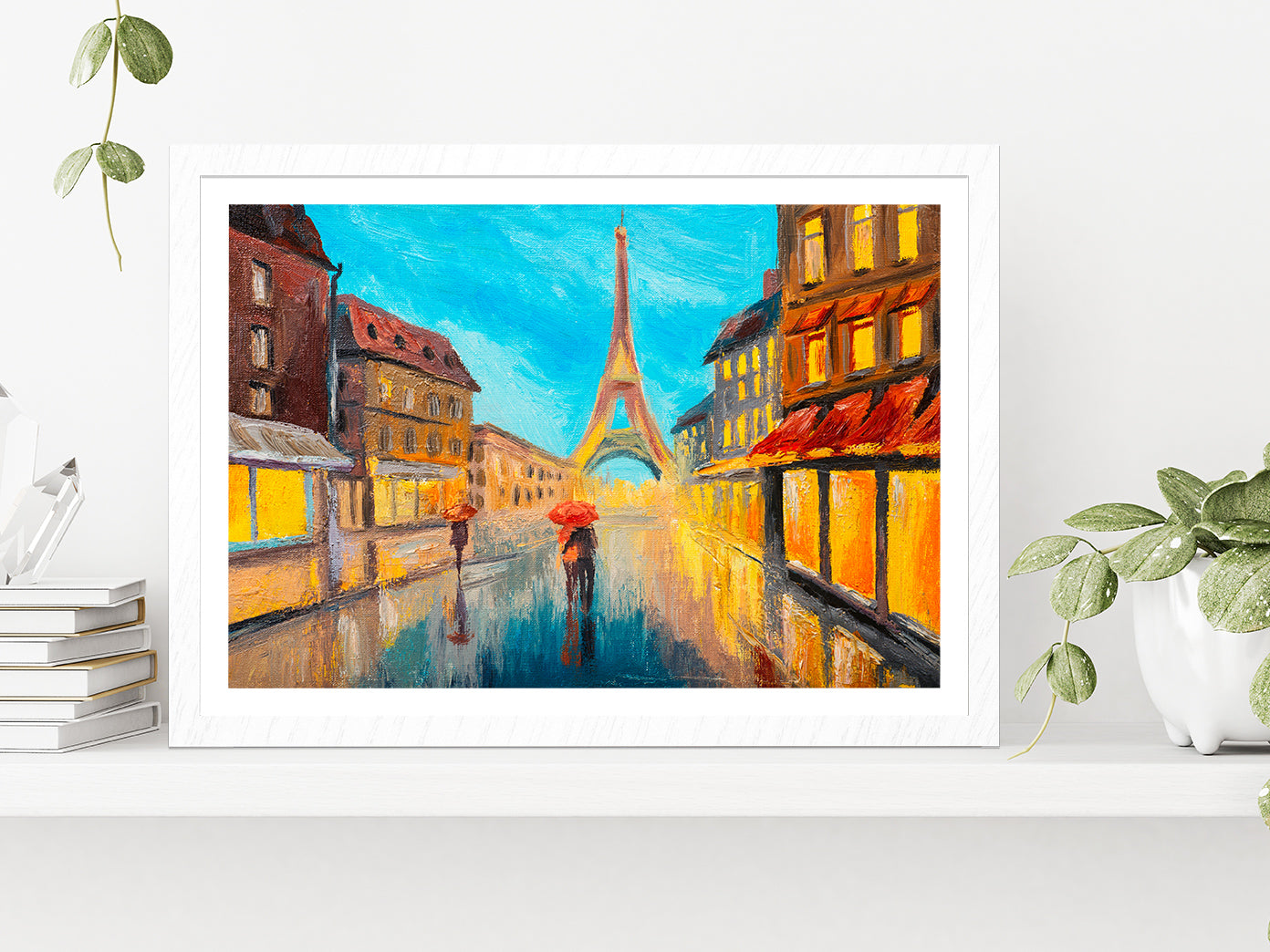 Eiffel Tower & Couple In A Street Glass Framed Wall Art, Ready to Hang Quality Print With White Border White