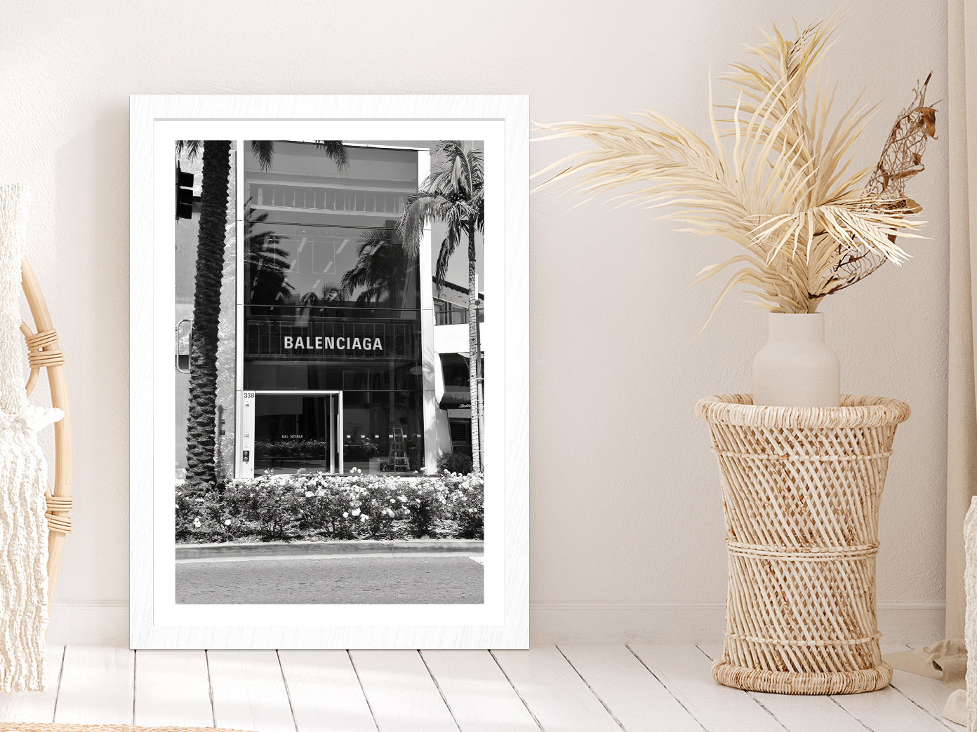 Palm Tree near Fashion Store B&W Photograph Glass Framed Wall Art, Ready to Hang Quality Print With White Border White