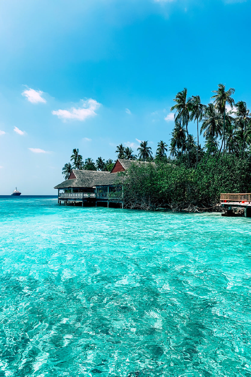 Indian Ocean & Villa Beach Photograph Glass Framed Wall Art, Ready to Hang Quality Print