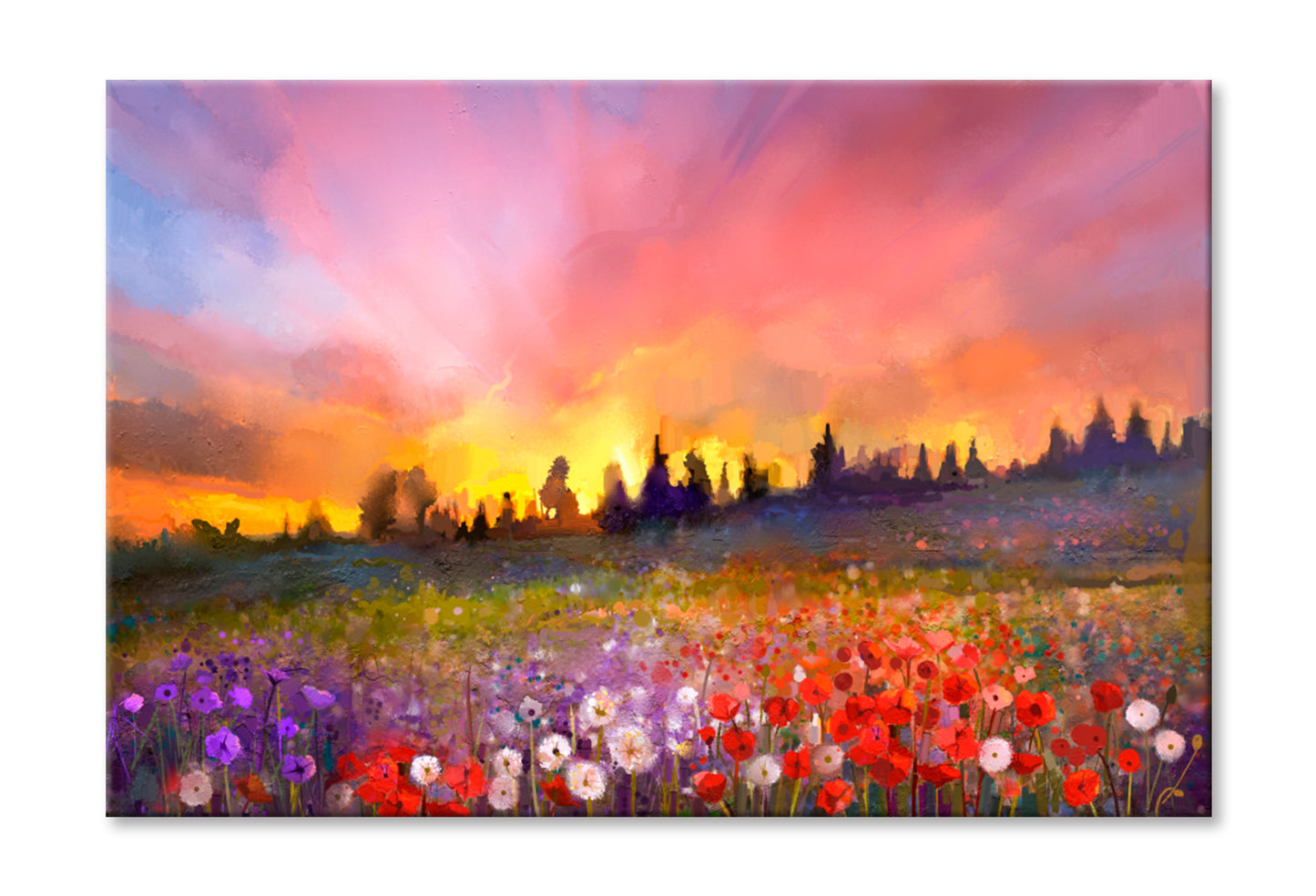 Daisy Flowers In Fields, Sunset Meadow Oil Painting Wall Art Limited Edition High Quality Print Stretched Canvas None