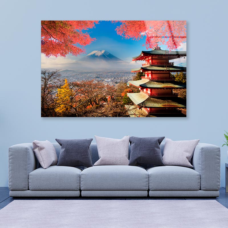 Mt. Fuji With Fall Colors in Japan Acrylic Glass Print Tempered Glass Wall Art 100% Made in Australia Ready to Hang - Bella Home Decor