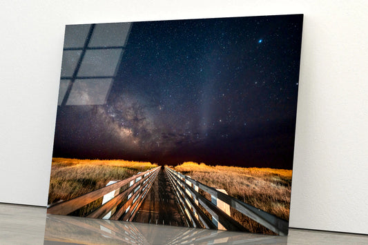 Wooden Bridge across a Meadow under a Starry Sky Acrylic Glass Print Tempered Glass Wall Art 100% Made in Australia Ready to Hang