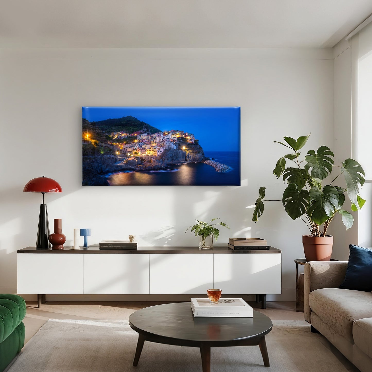 Lights Manarola Village Cinque Terre Italy Wall Art Canvas Office Home Room Framed 120x60cm