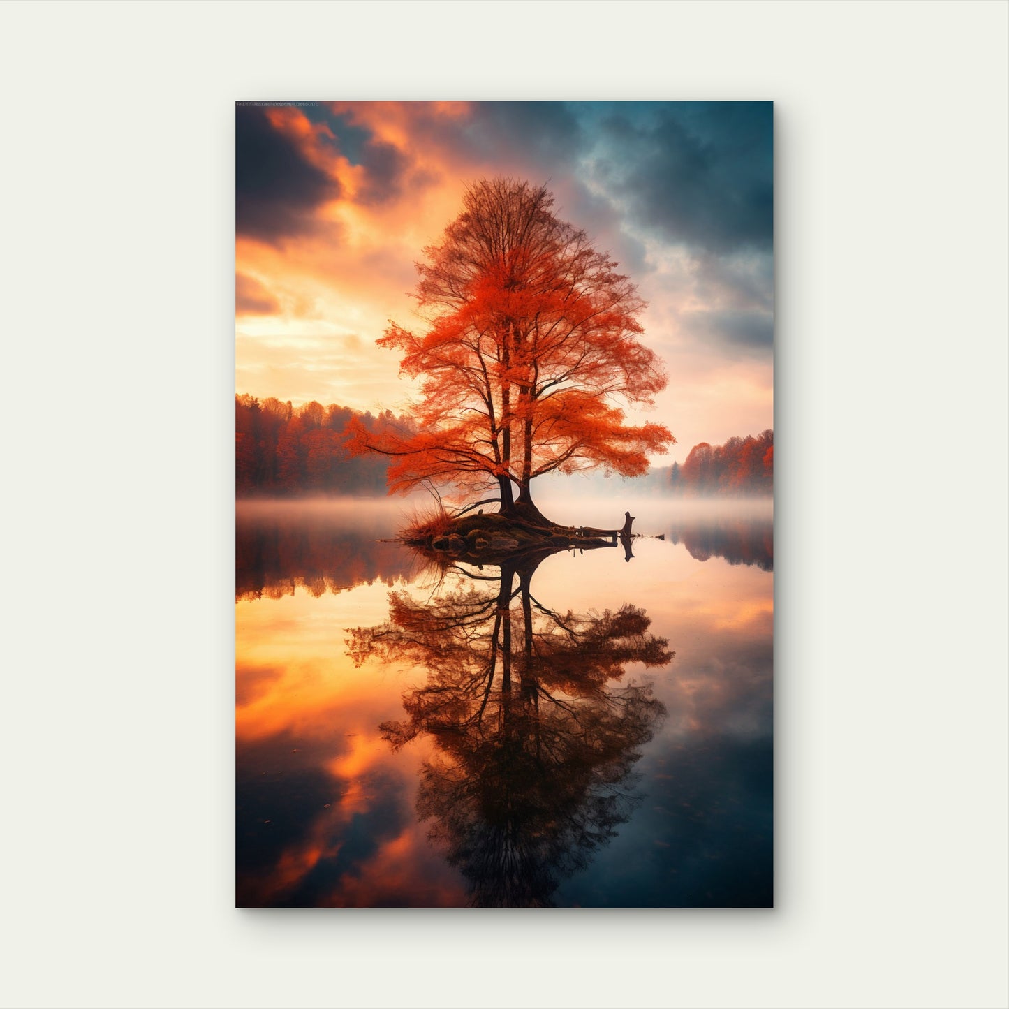 Autumn Red Tree Lake Reflection 40x60cm Metal Print Ready to Hang