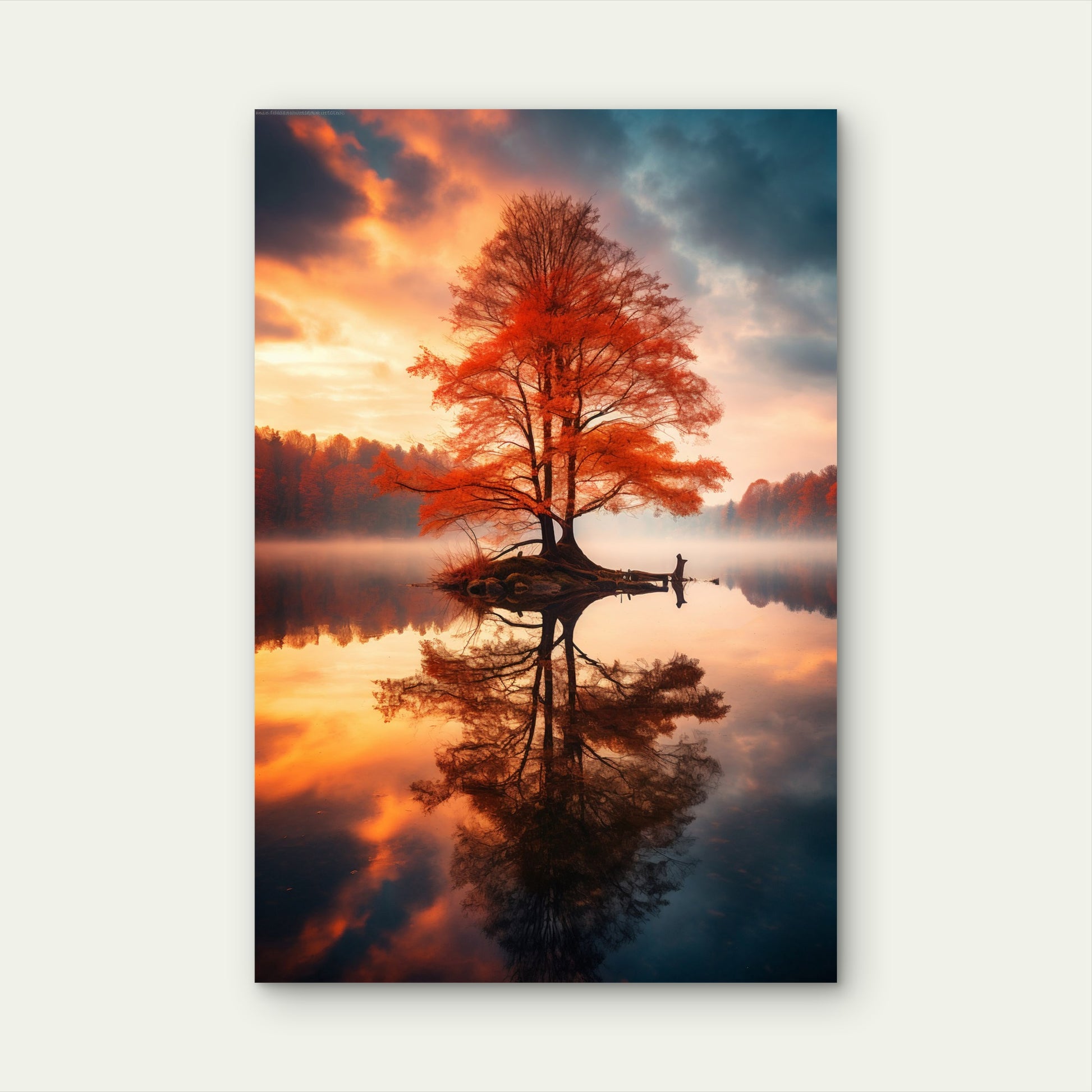 Autumn Red Tree Lake Reflection 40x60cm Metal Print Ready to Hang