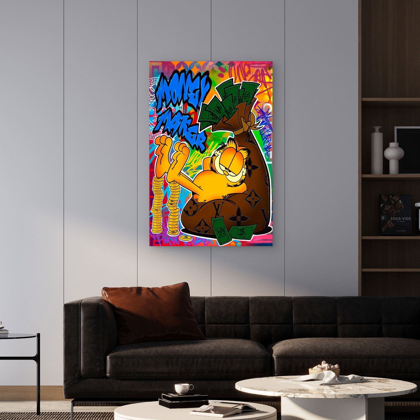 Cartoon Cat Money Bag Rainbow Graffiti 60x90cm Metal Print Ready to Hang
