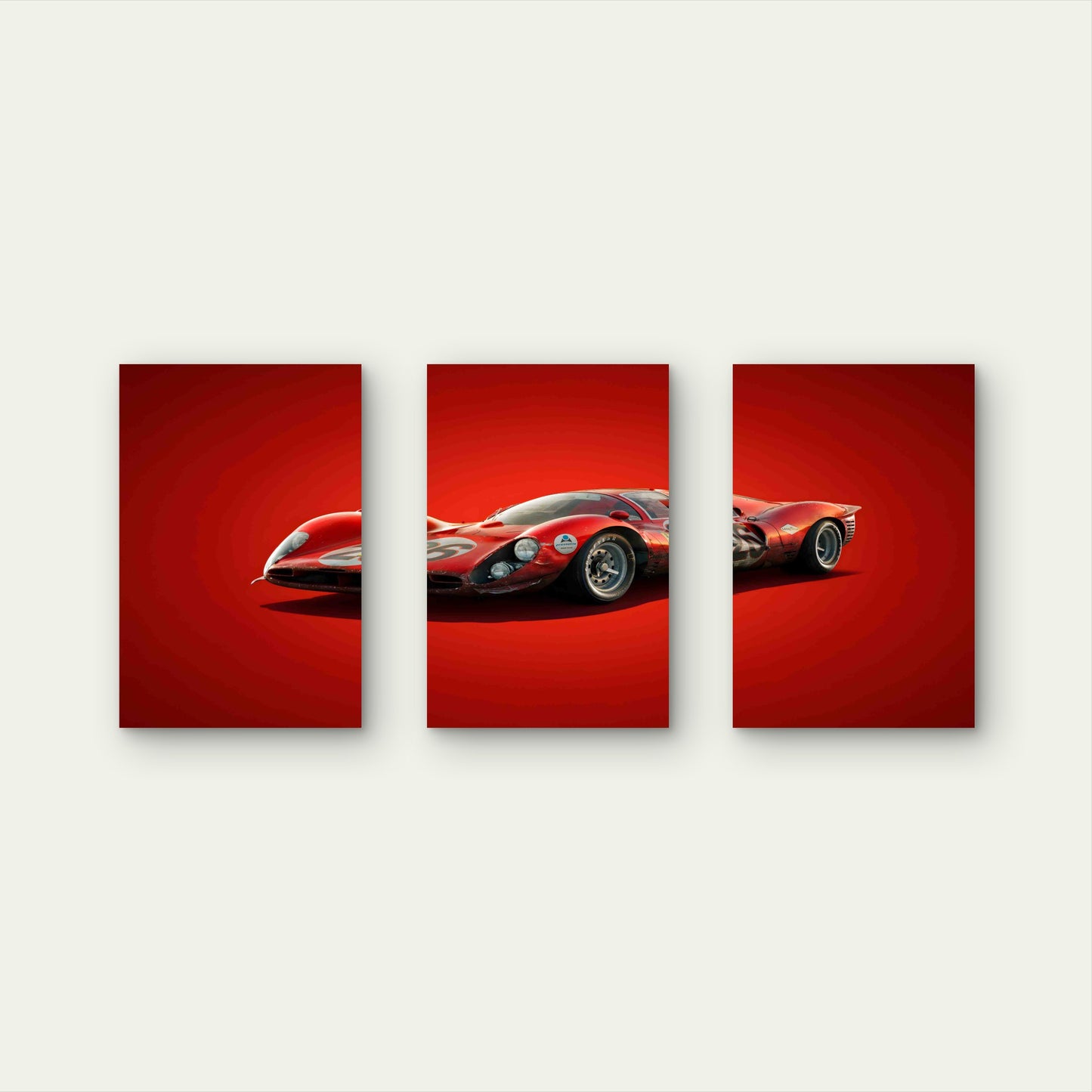3pcs Vintage Crimson Retro Endurance Race Car Metal Print Ready to Hang Art