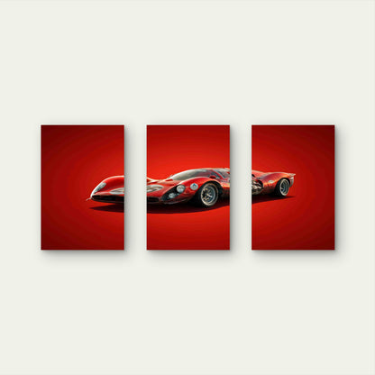 3pcs Vintage Crimson Retro Endurance Race Car Metal Print Ready to Hang Art