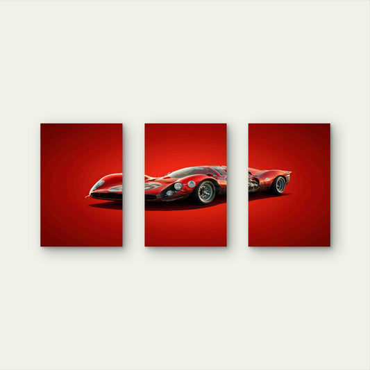3pcs Vintage Crimson Retro Endurance Race Car Metal Print Ready to Hang Art