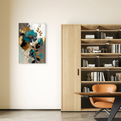 Teal Gold Floral Abstract Oil Art 40x60cm Metal Print Ready to Hang
