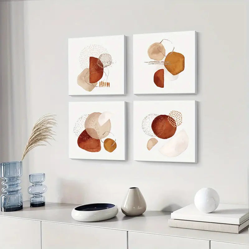 4pcs Brown & Beige Geometric Shapes   Wall Art Canvas Framed